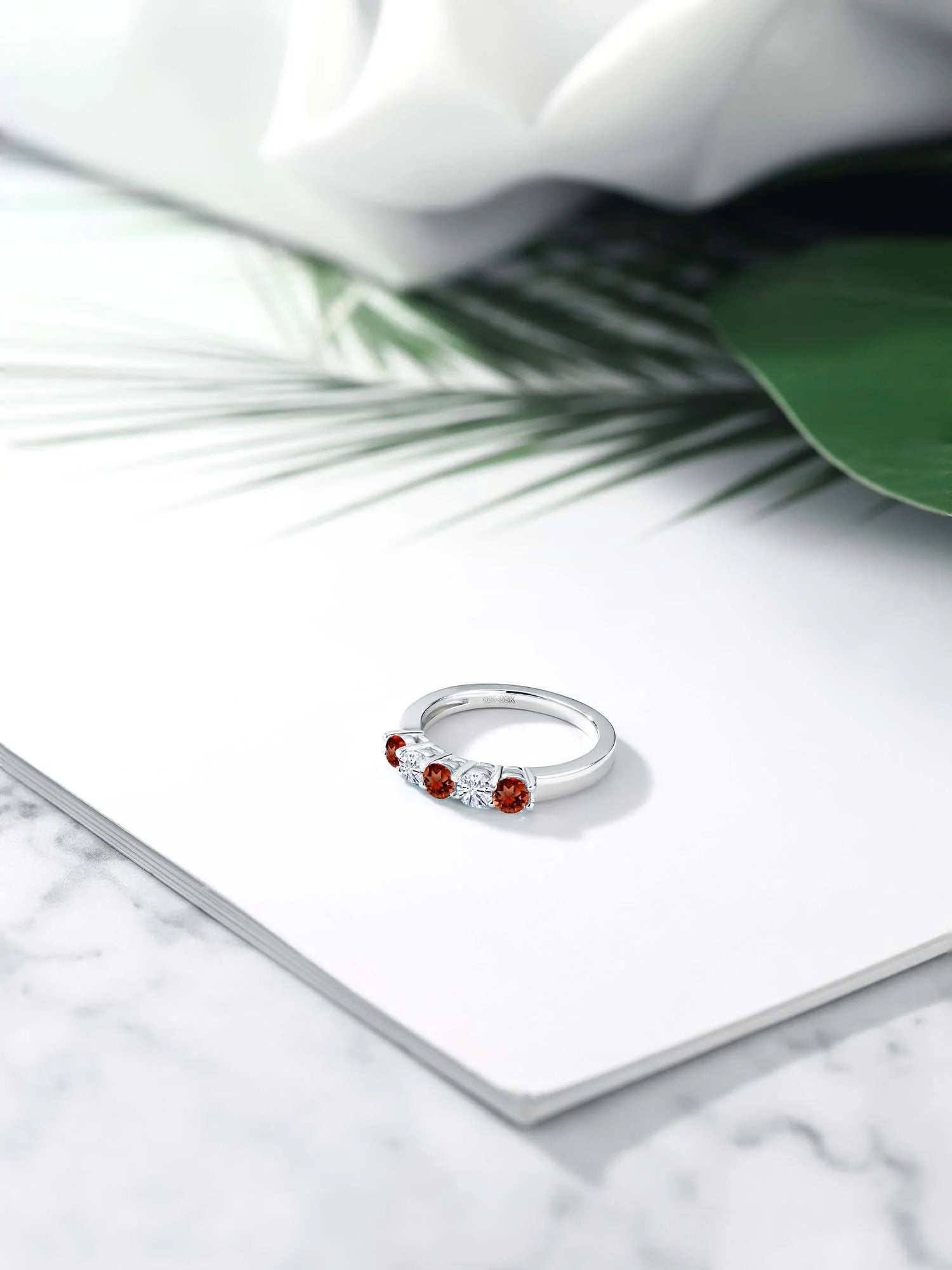 925 Sterling Silver Red Garnet and White Moissanite Wedding Band Ring G50199