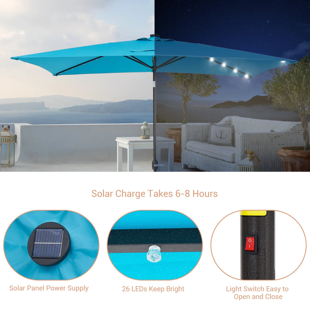 10 x 6.5ft LED Rectangle Outdoor Patio Umbrella with Polyester Canopy, Lake Blue W736
