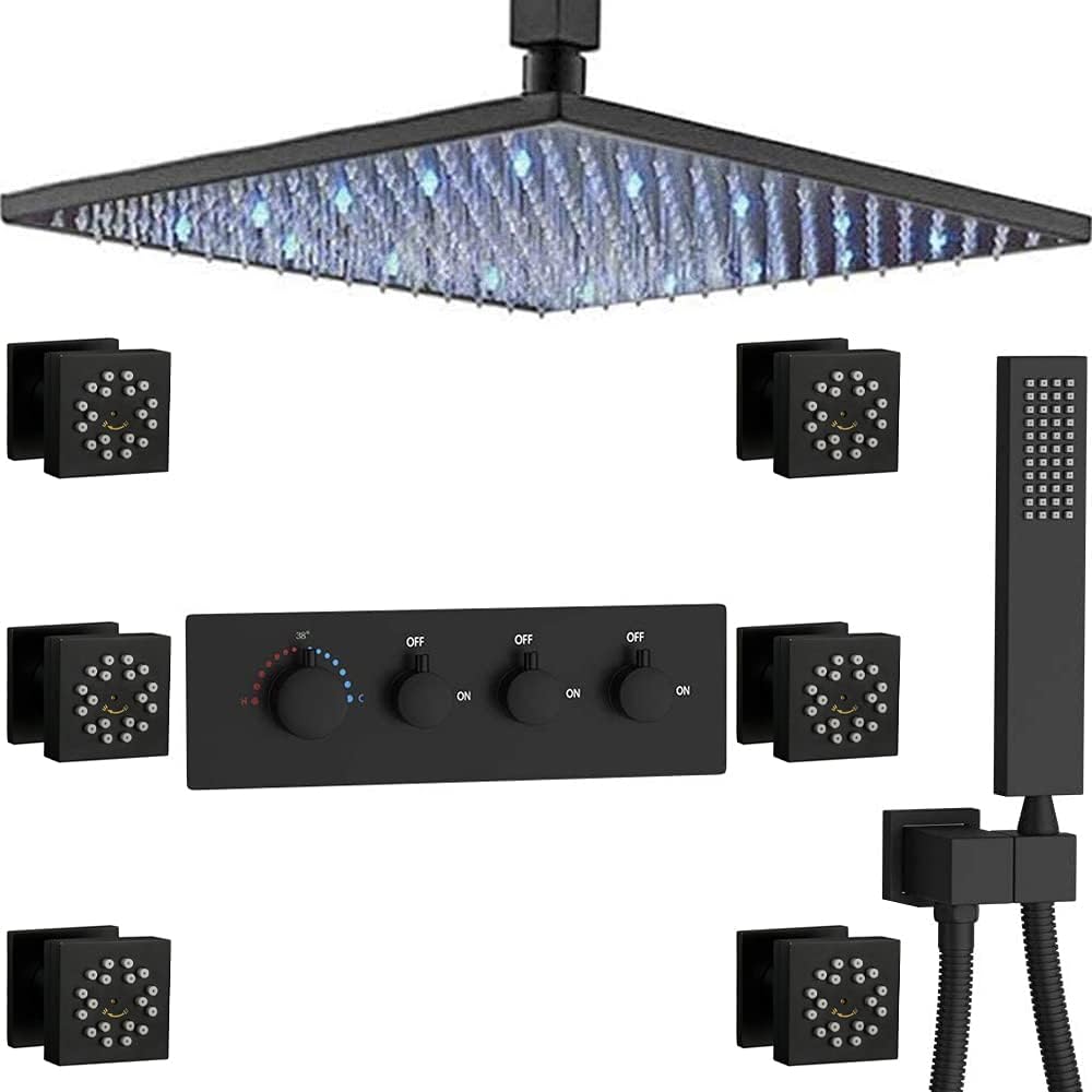 16 Inch LED Polished Chrome Ceiling Mounted Brass Shower System with Body Jets U49470