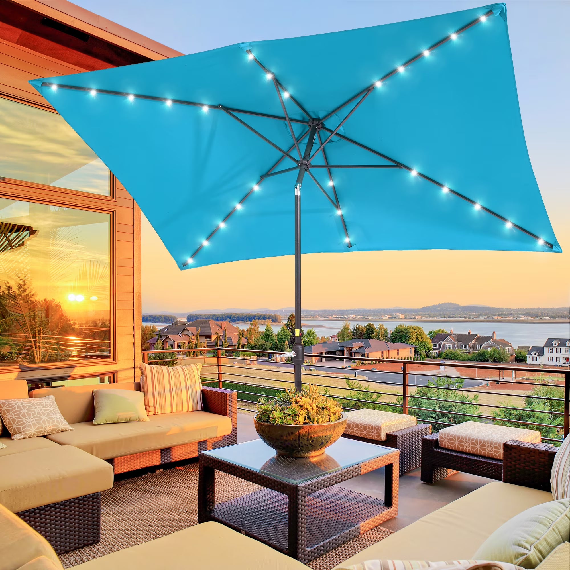 10 x 6.5ft LED Rectangle Outdoor Patio Umbrella with Polyester Canopy, Lake Blue W736