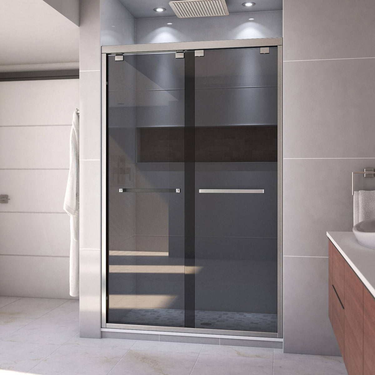 Semi-Frameless Bypass Sliding Shower Door in Brushed Nickel and Gray Glass B11320