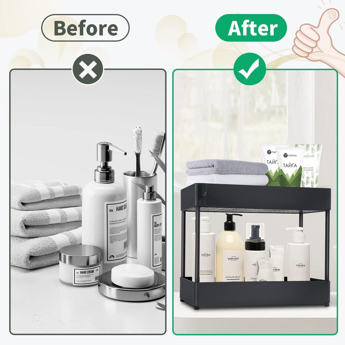2 Tier Black Under Sink Storage Rack with 6 Hooks D713