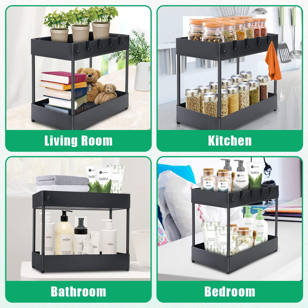2 Tier Black Under Sink Storage Rack with 6 Hooks D713