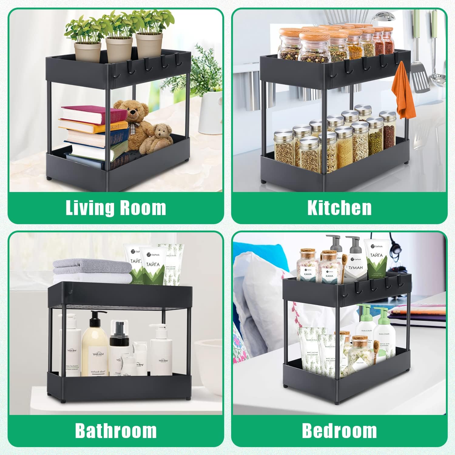 2 Tier Black Under Sink Storage Rack with 6 Hooks D713
