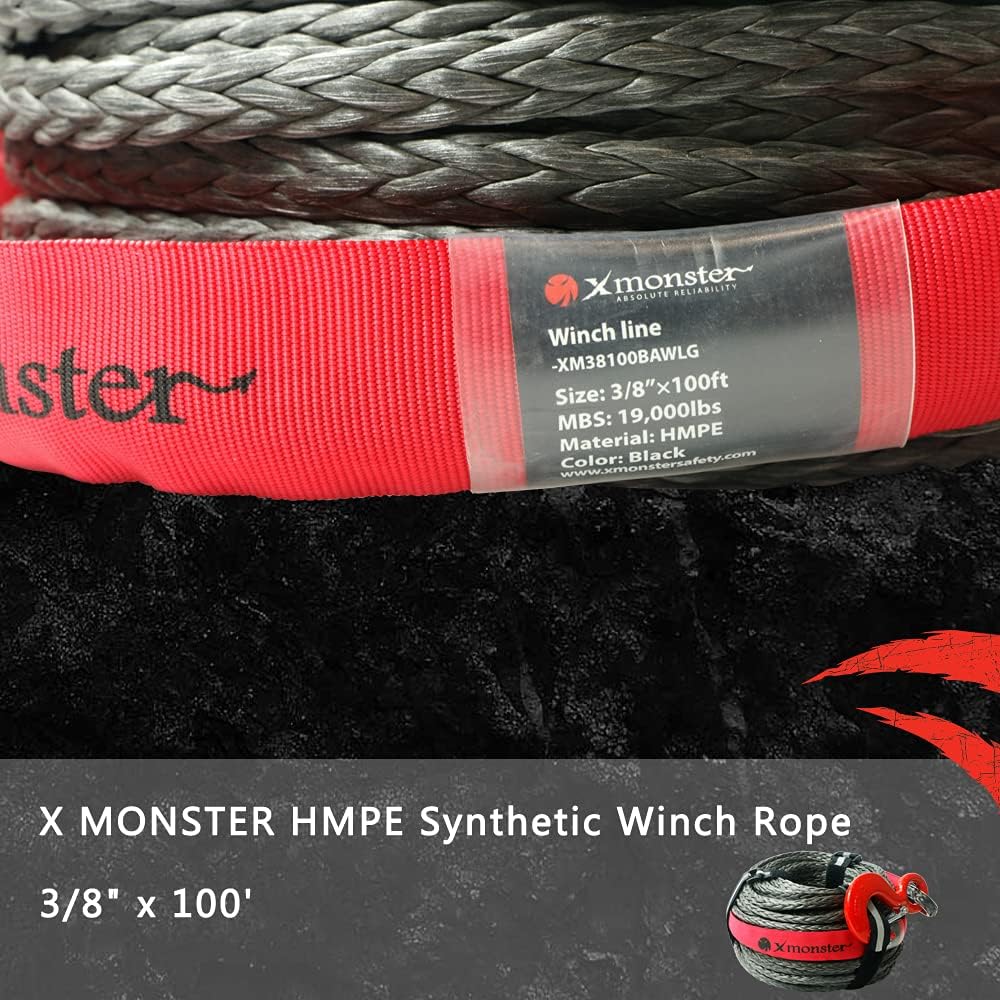 3/8" x 100' 19,000 lbs Synthetic Winch Rope Kit with Hook and Sleeve Protection F175