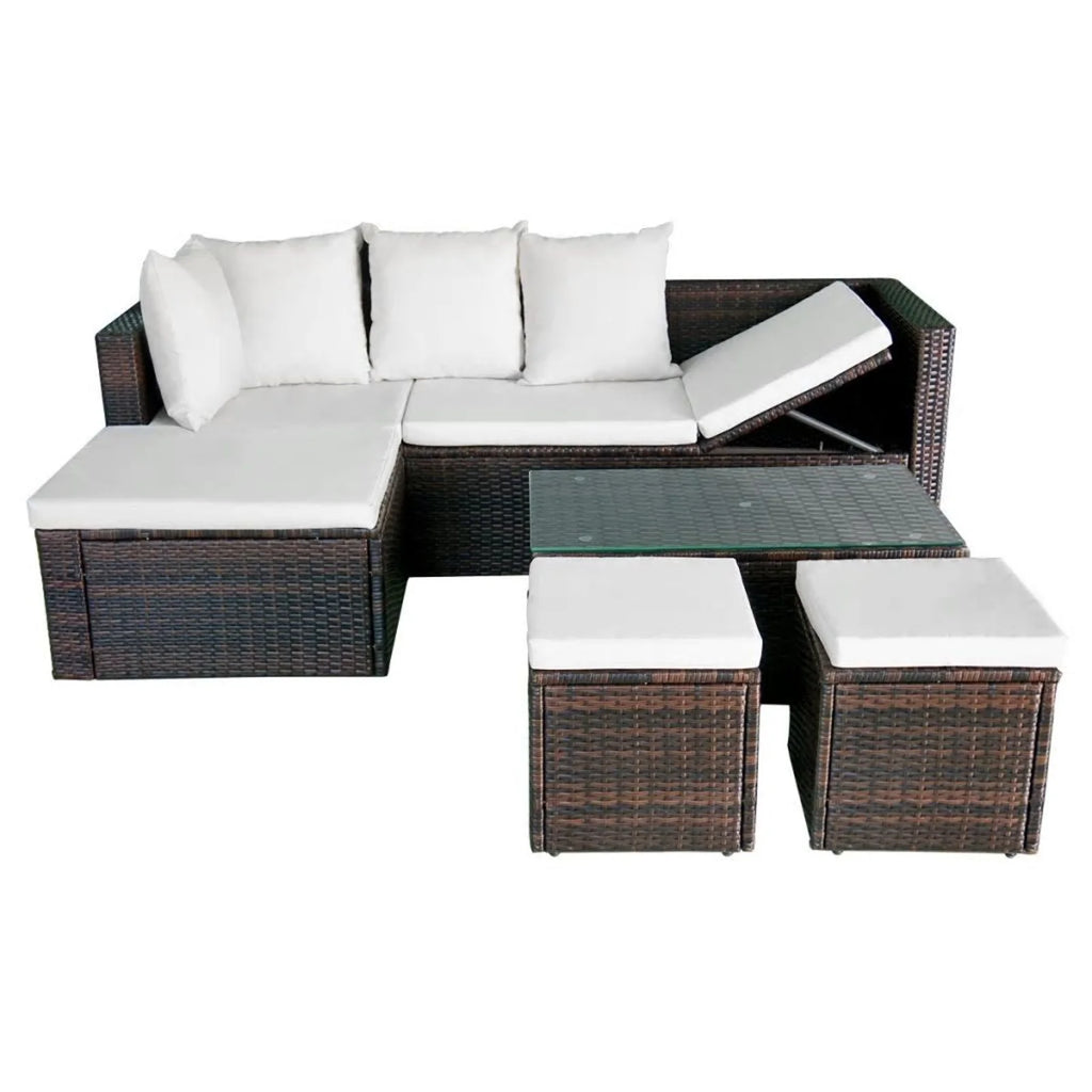 4 Piece Outdoor Conversation Set Cushioned Corner Sofa with Coffee Table and 2 Ottomans Brown Poly Rattan C72122