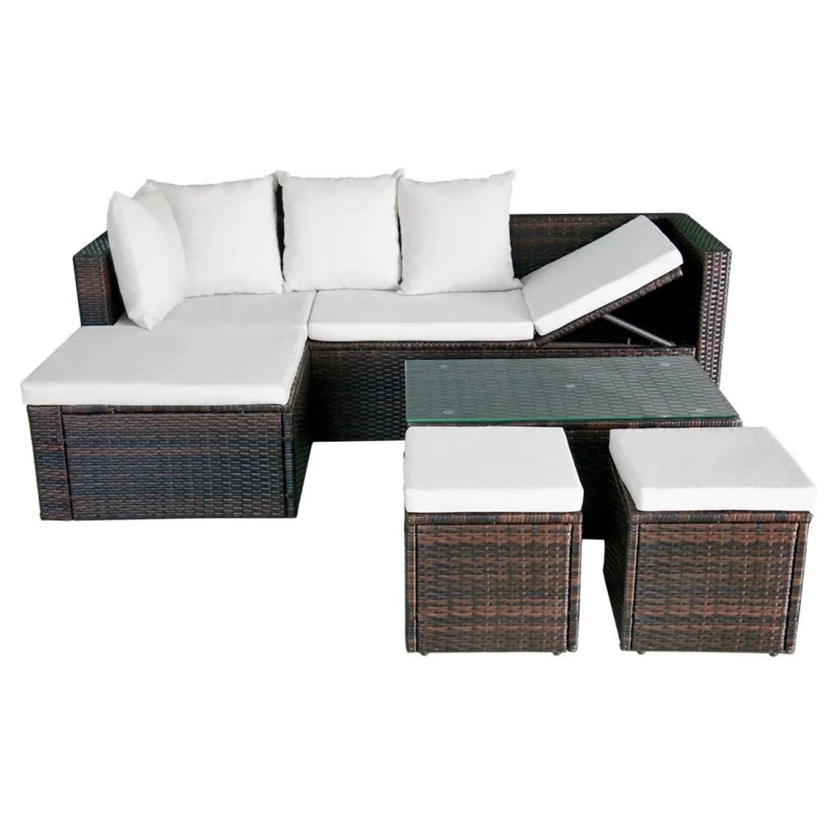 4 Piece Outdoor Conversation Set Cushioned Corner Sofa with Coffee Table and 2 Ottomans Brown Poly Rattan C72122