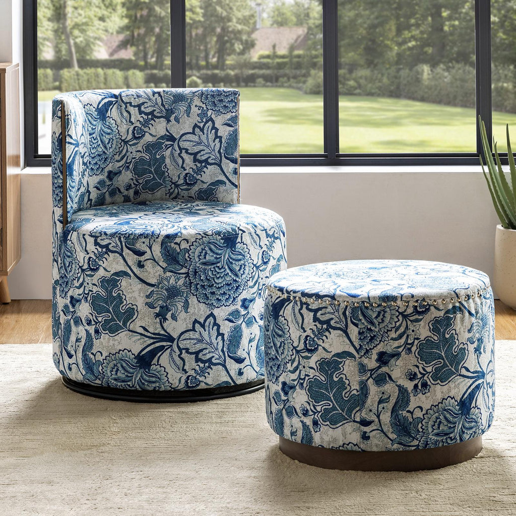 Navy Swivel Barrel Chair with Coffee Table Ottoman V65469