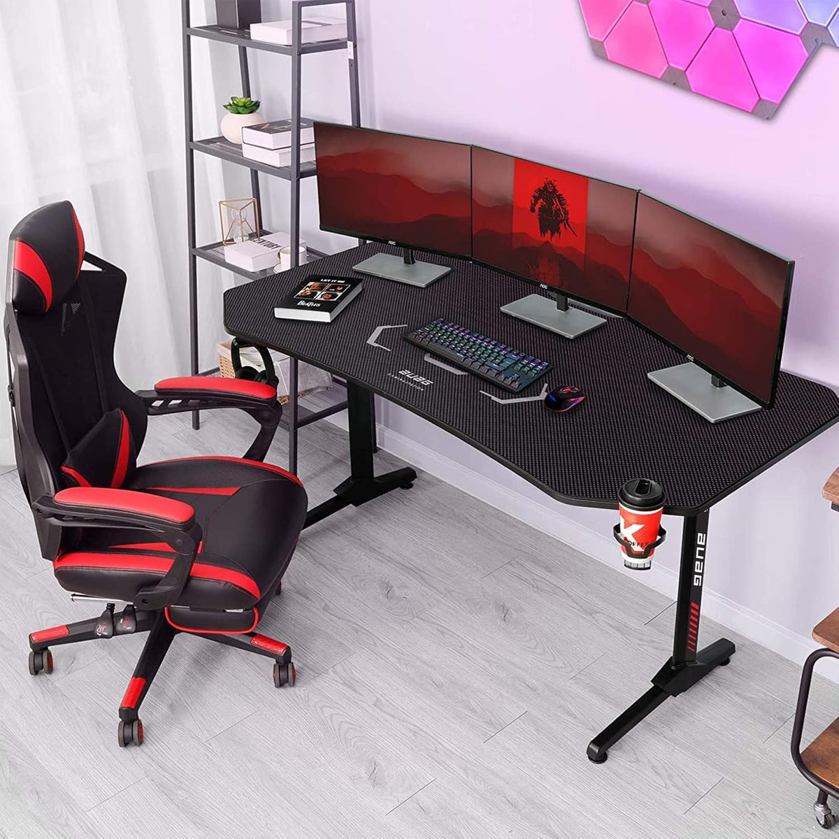 63 inch Gaming Desk with Desk Mat and Cup Holder and Headphone Hook C44554