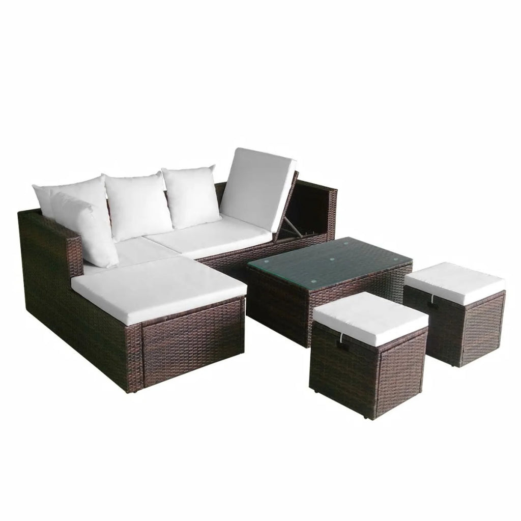 4 Piece Outdoor Conversation Set Cushioned Corner Sofa with Coffee Table and 2 Ottomans Brown Poly Rattan C72122