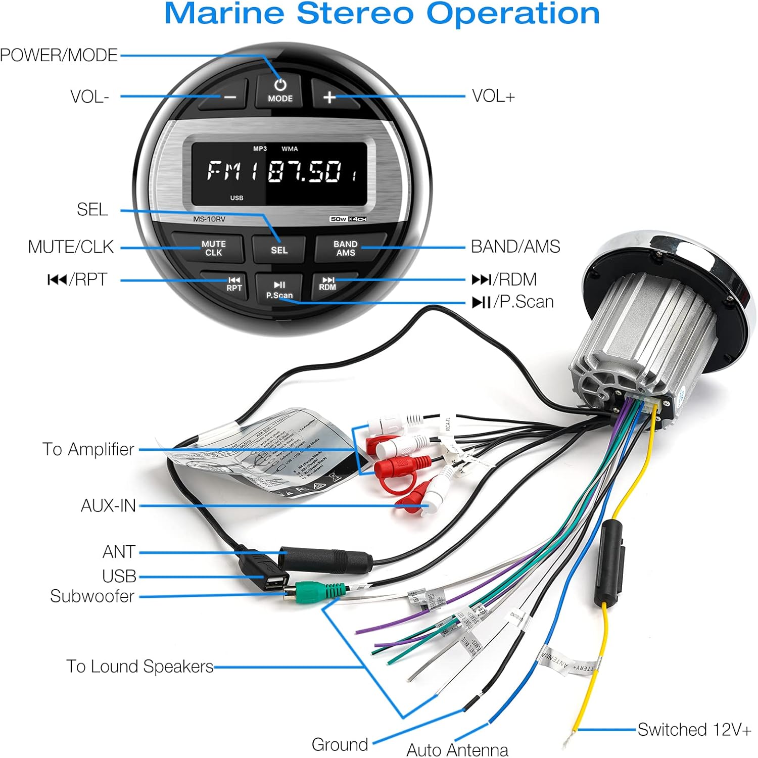 Waterproof Marine Grade Bluetooth Boat Stereo Receiver with FM AM Radio, USB, AUX-in, MP3, Subwoofer, Pre-Amp & EQ P274