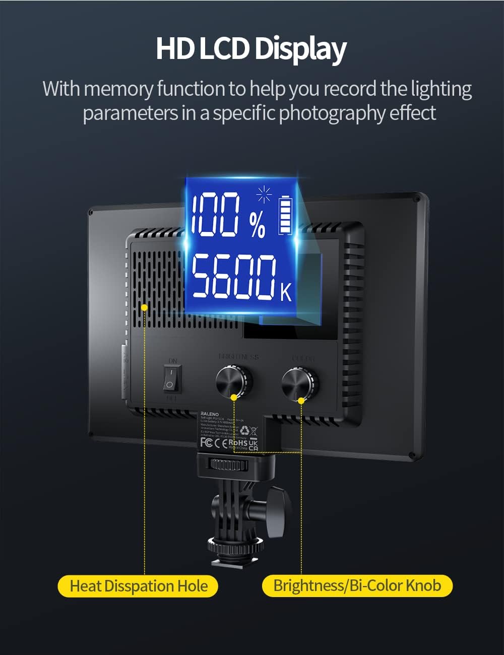 LED Video Light, Bi-Color, Rechargeable Battery, LCD Display, USB, Pack of 2 X45027