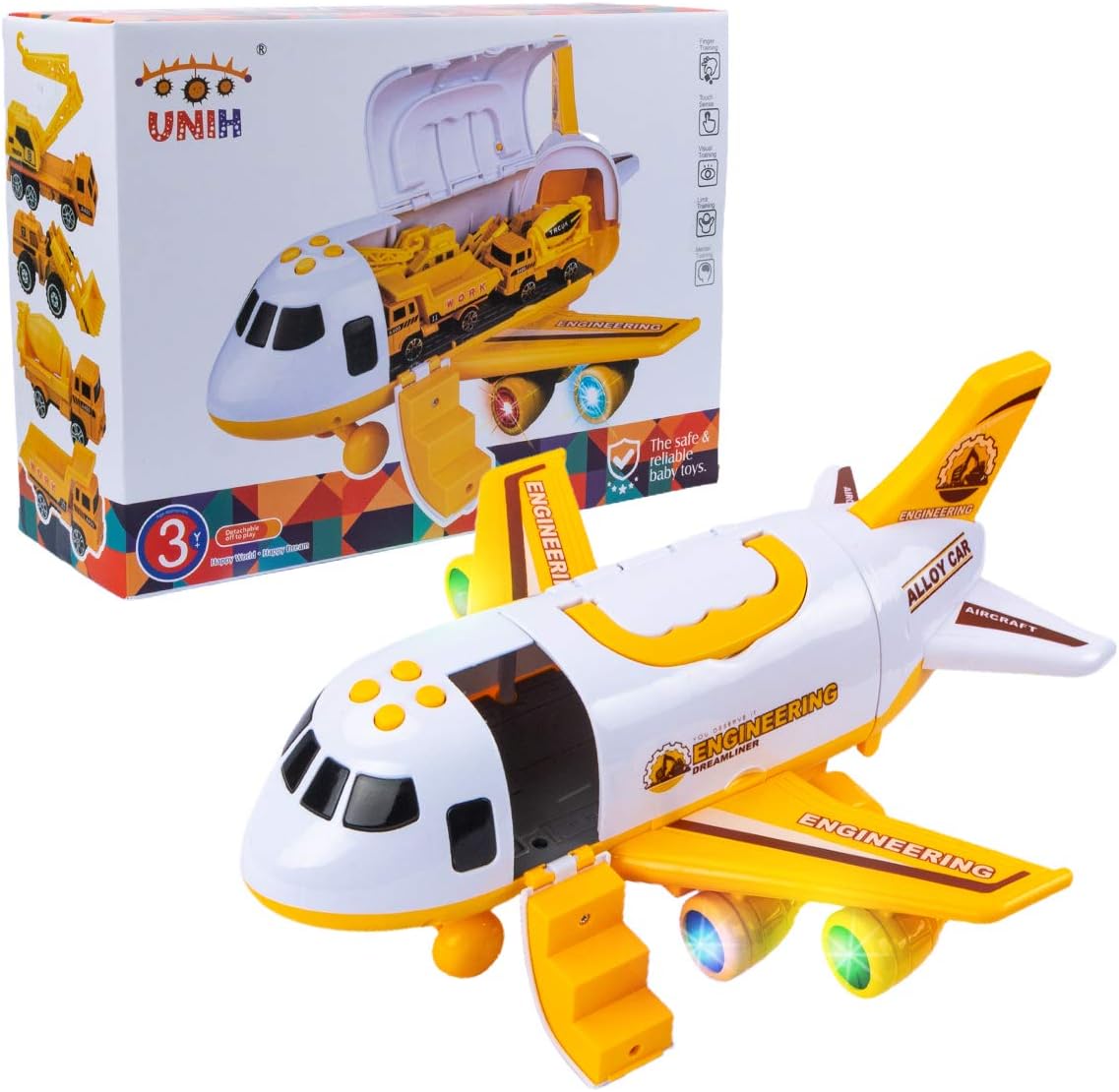Toddler Airplane Toys with Lights and Sounds, Transport Cargo Airplane with 4 Construction Cars A54227