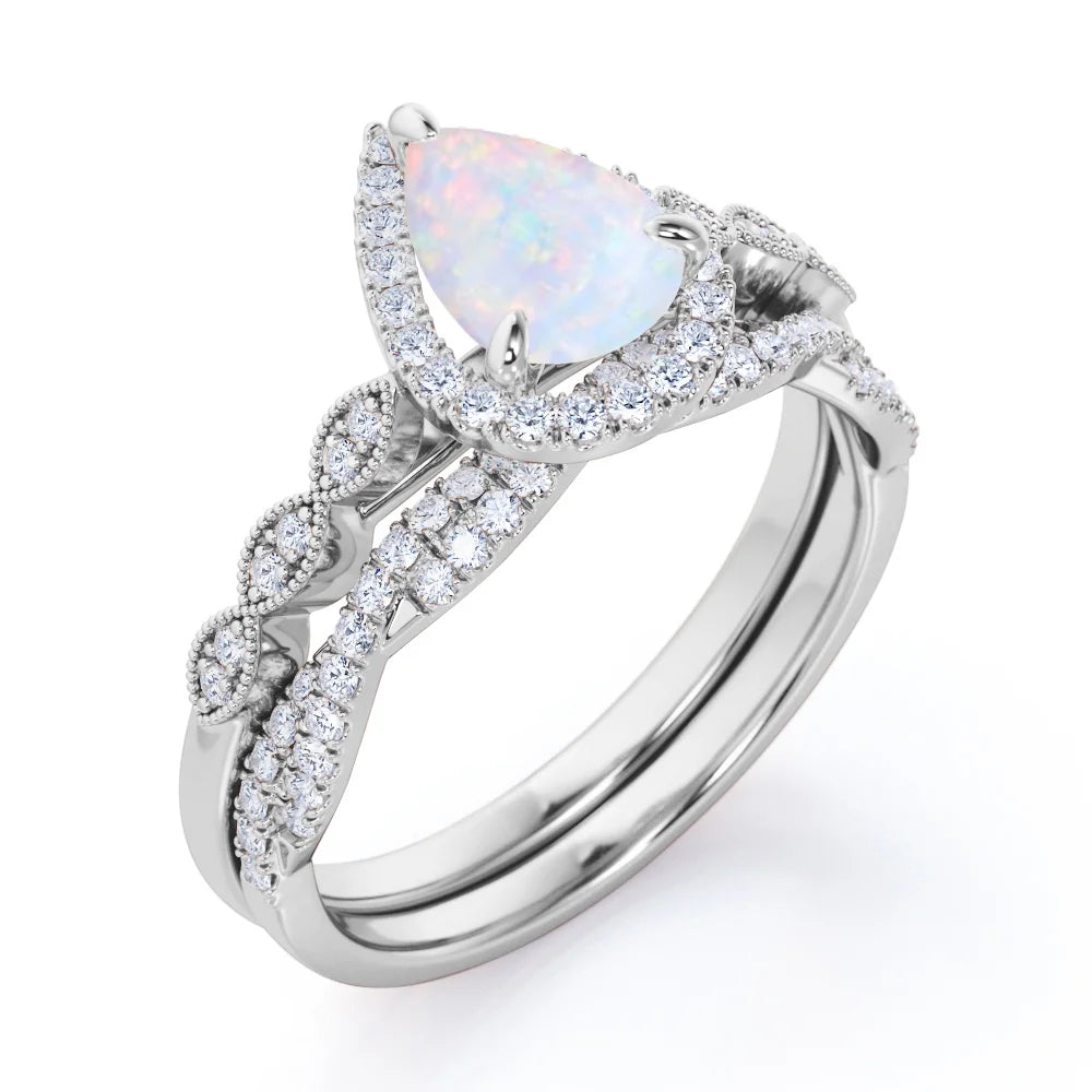 Pear Shaped Fire Opal & Diamond Wedding Ring Set in 10K White Gold L34866