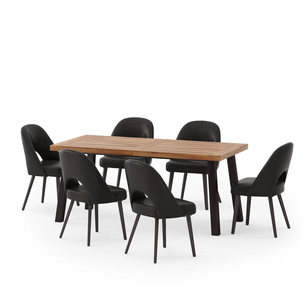 7 Piece Faux Leather Metal Wood Dining Set P410