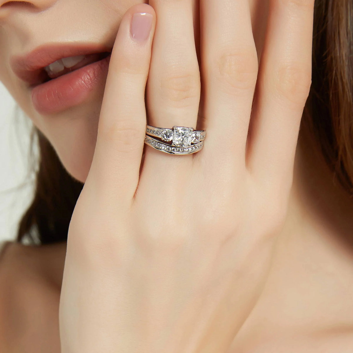 Sterling Silver Cushion Cut Cubic Zirconia Ring Set, Rhodium Plated Size 8.5 R7633