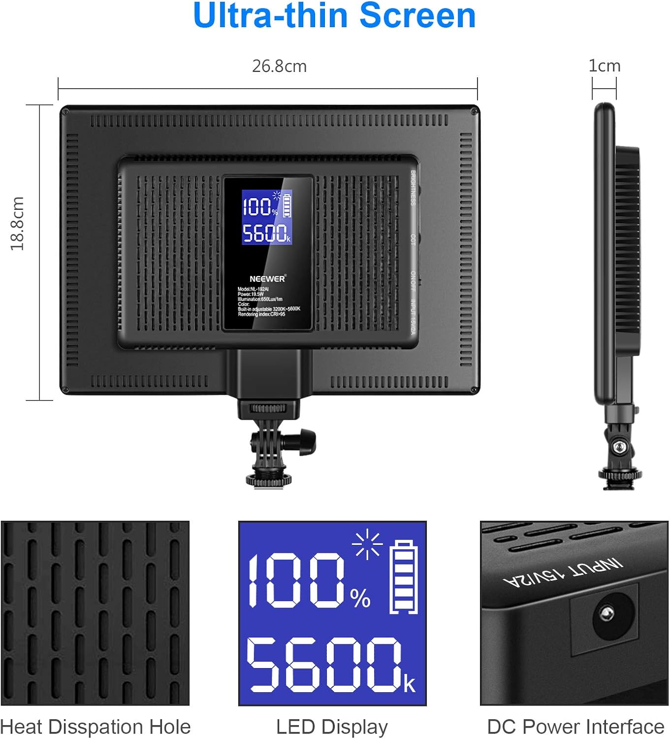 Ultra-Thin LED Soft Light Panel with LCD Display, Dimmable Bi-Color 3200-5600K CRI95+ On Camera Video Light V3994