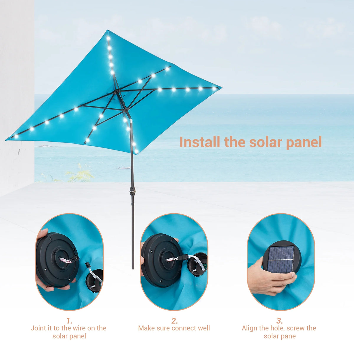 10 x 6.5ft LED Rectangle Outdoor Patio Umbrella with Polyester Canopy, Lake Blue W736