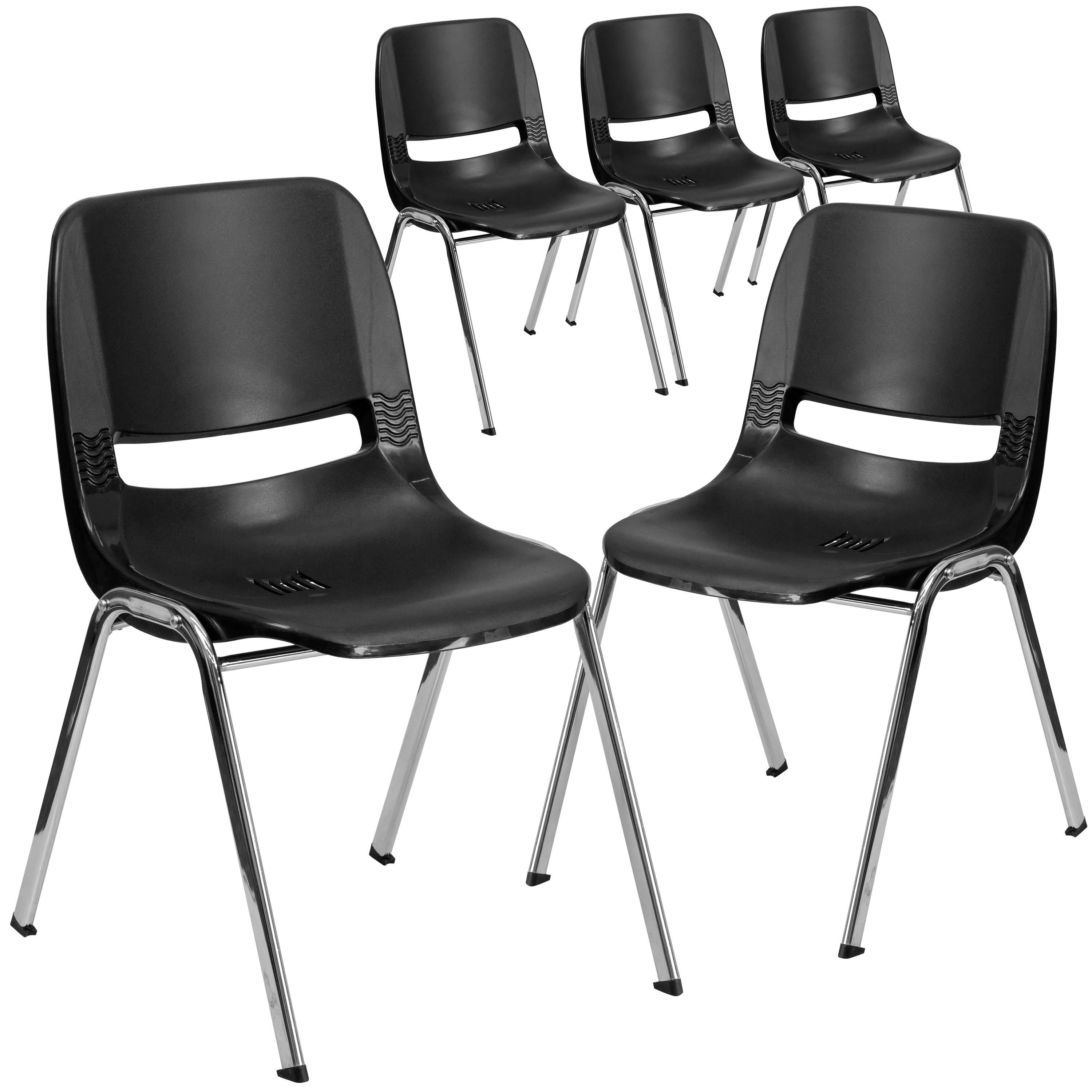 5 Pack Ergonomic Shell Stack Chair Black Plastic/Chrome Frame L620