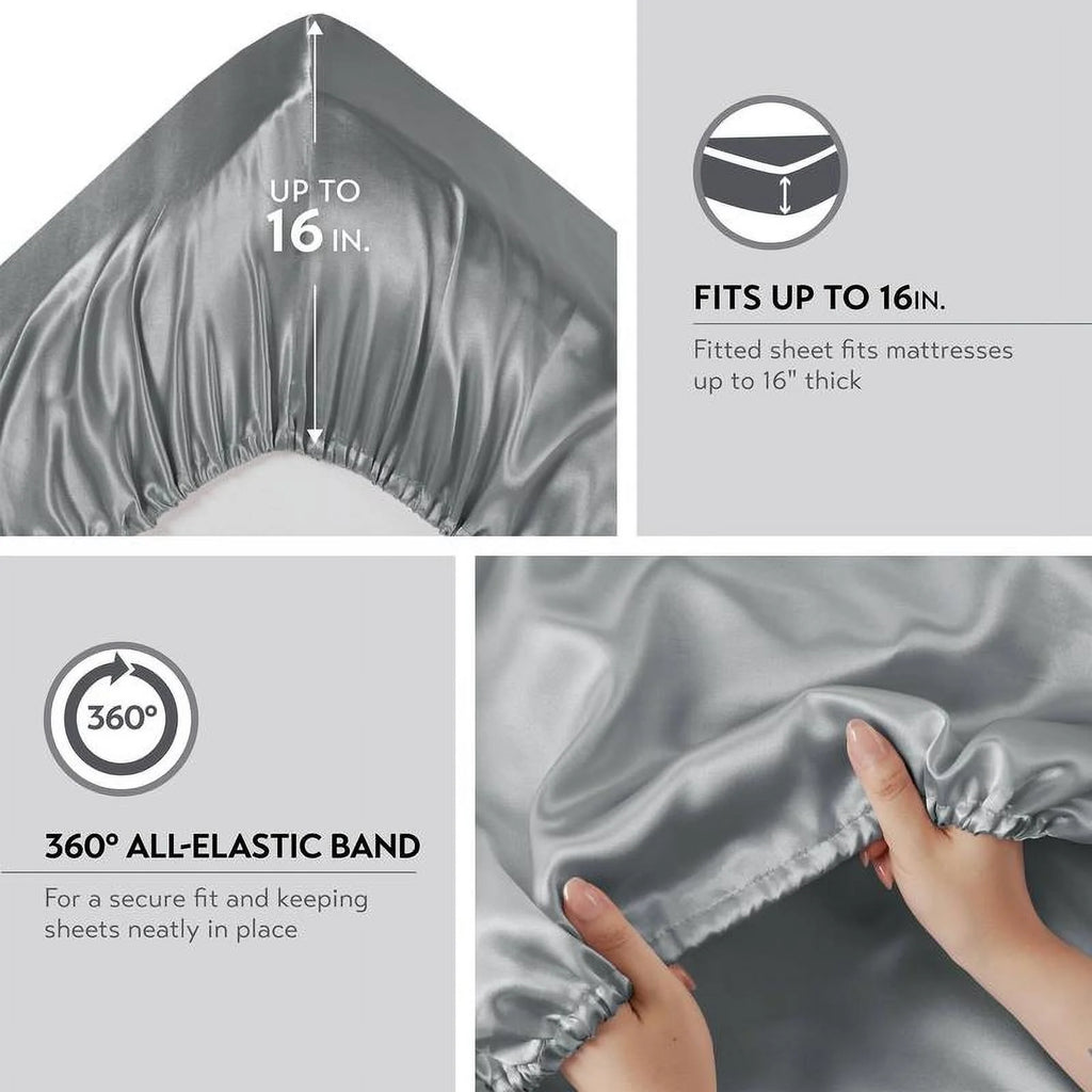 6 Piece Satin Sheet Set with Flat Sheet, Fitted Sheet, 4 Pillowcases T373
