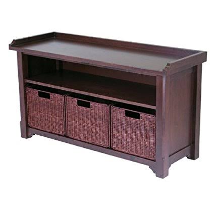 Storage Bench with 3 Rattan Baskets in Antique Walnut Finish V98008