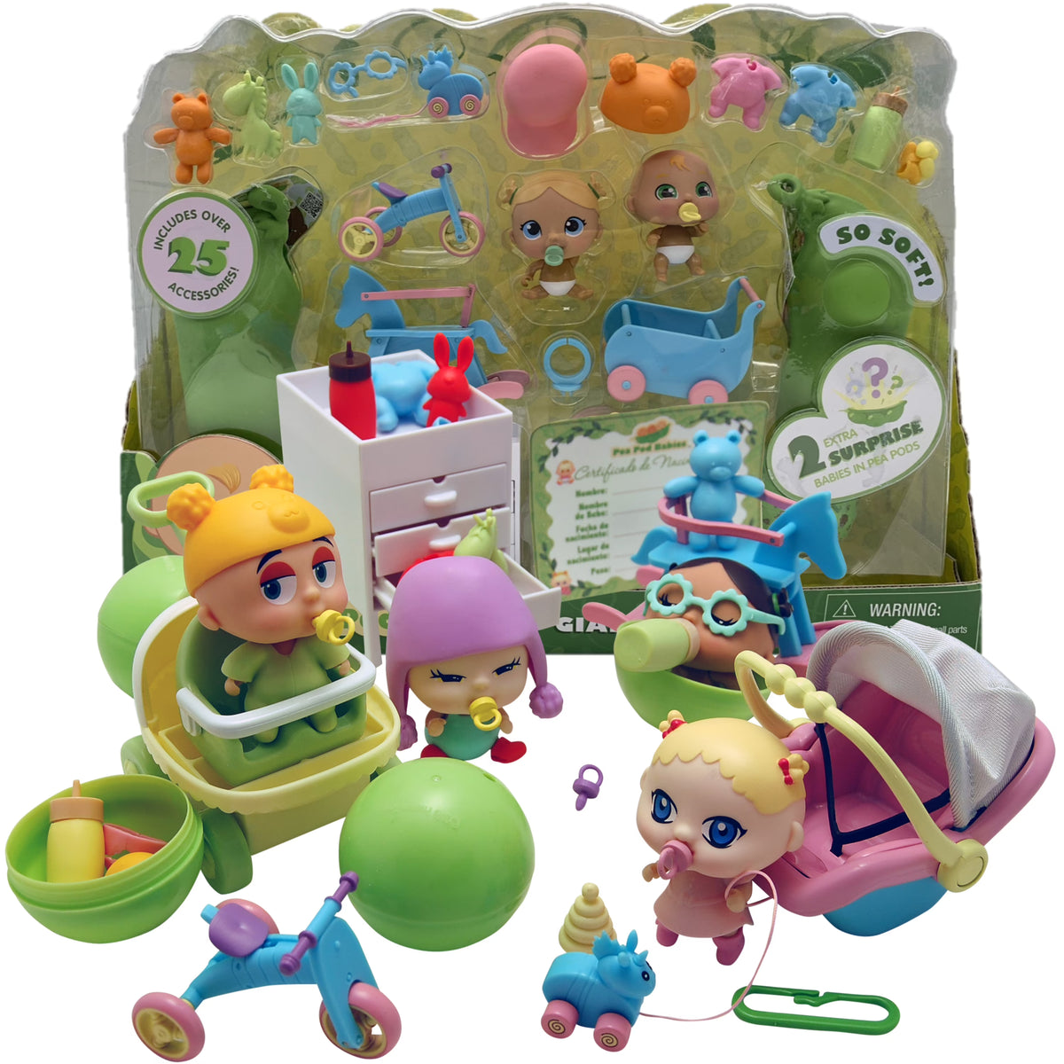 Giant Twenty Five Piece Playset with Mini Baby, Clothing, & Accessories in Soft Pea Pod D7030