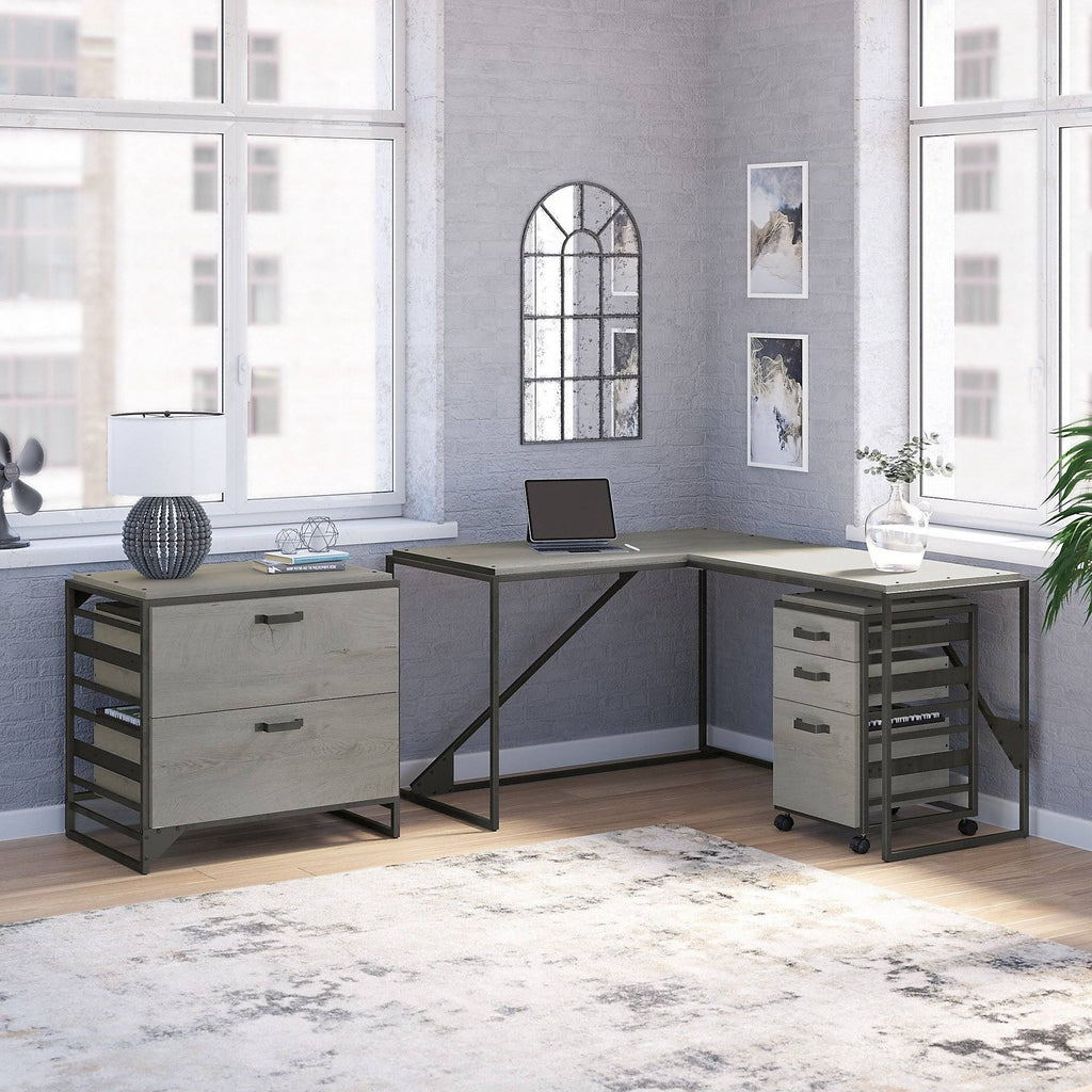 White L Shaped Industrial Desk with File Cabinets K363