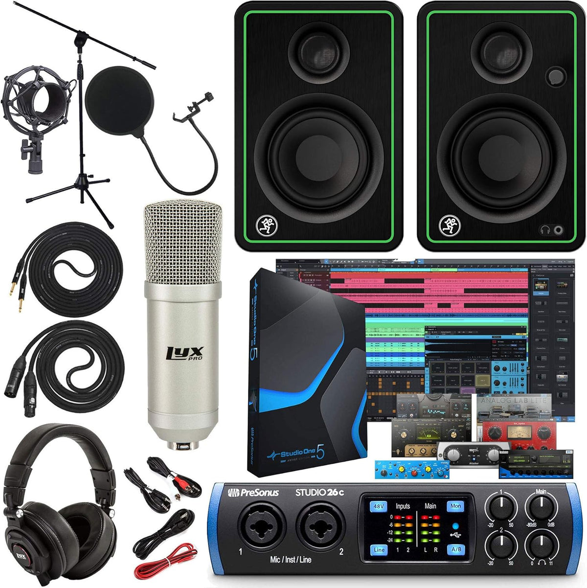 2x4 USB Audio/MIDI Interface with Studio One 5 Artist Software Pack with CR3-X Pair Studio Monitors and 1/4” Instrument Cables Z1786
