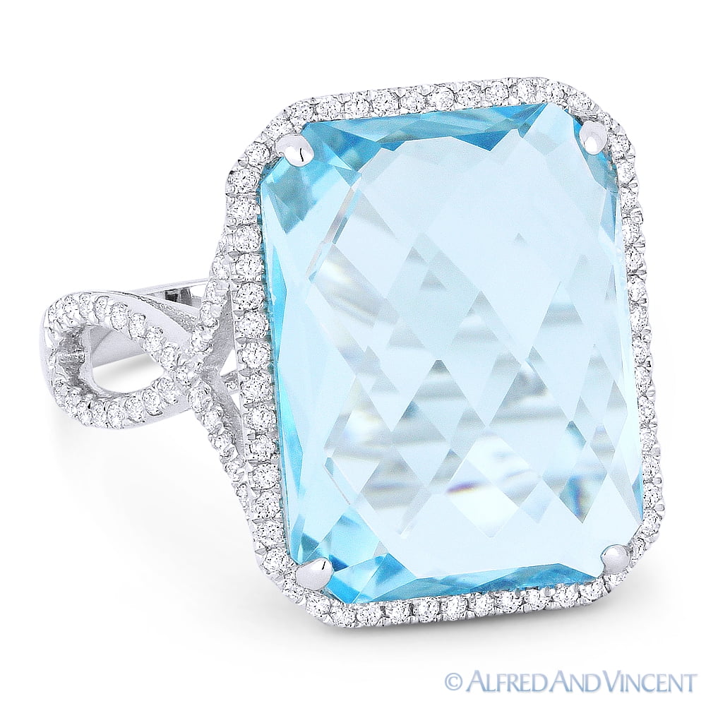 14k White Gold Blue Topaz Diamond Cocktail Ring T35516