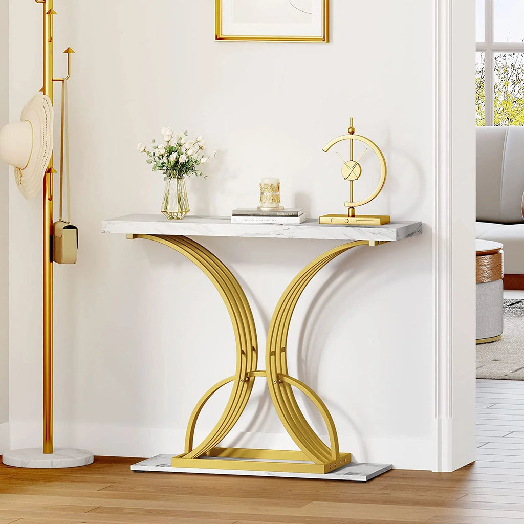 Gold Narrow Console Table with Faux Marble Top N282060