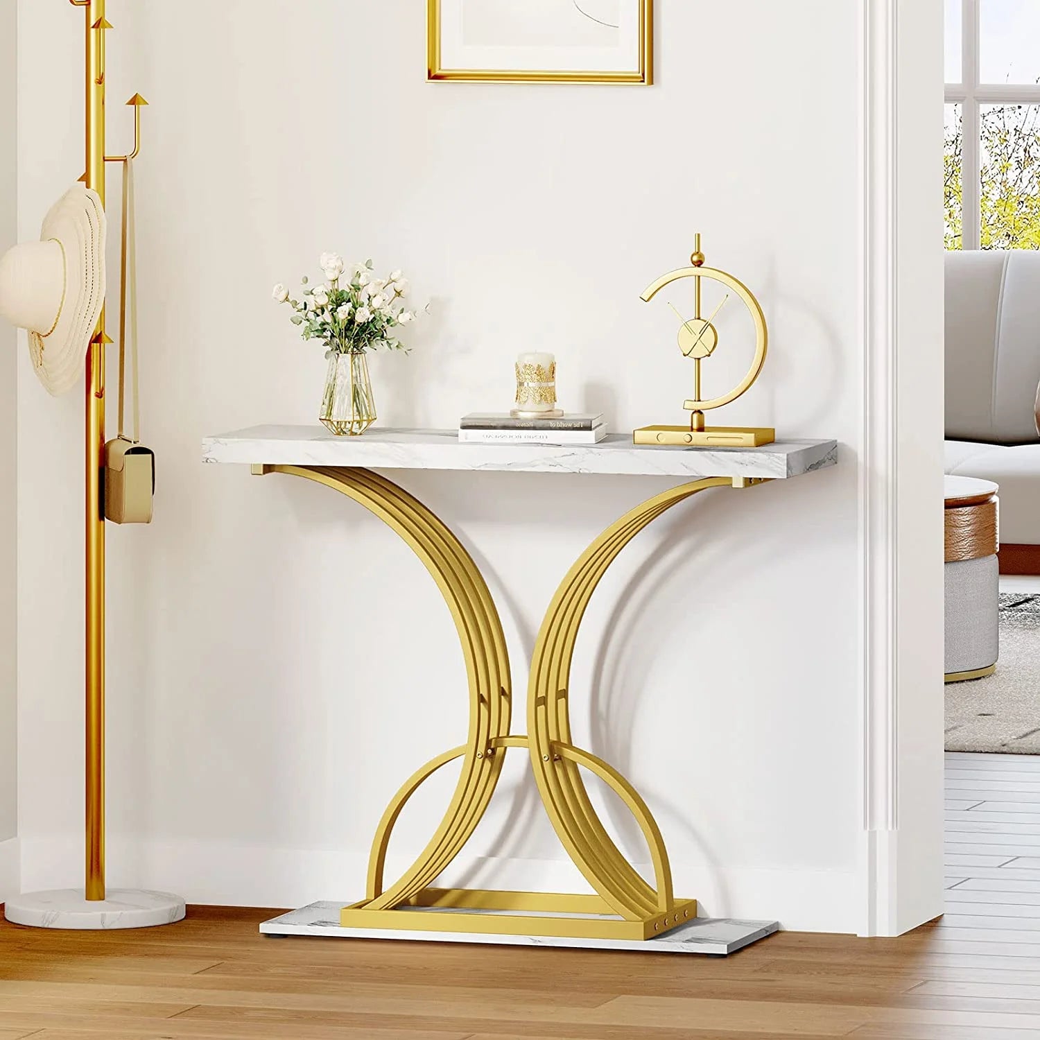 Gold Narrow Console Table with Faux Marble Top N282060