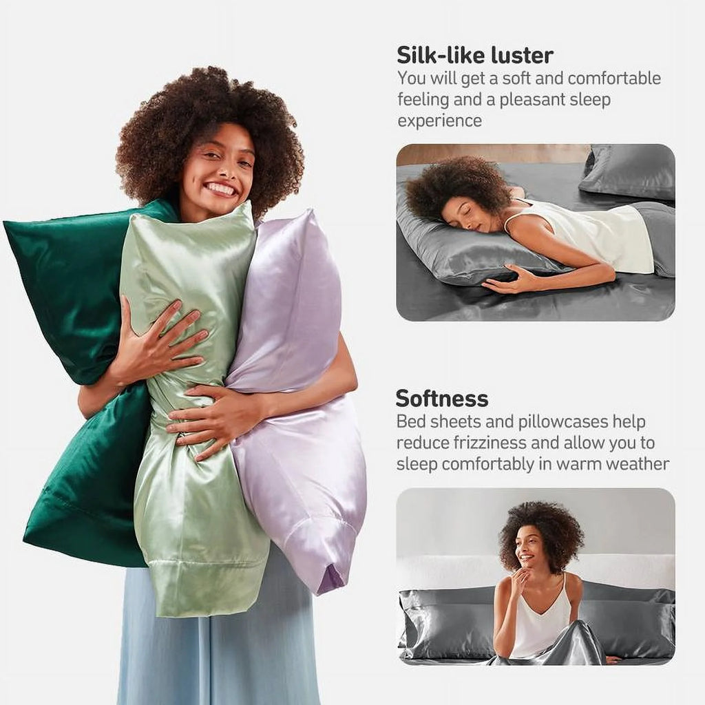 6 Piece Satin Sheet Set with Flat Sheet, Fitted Sheet, 4 Pillowcases T373
