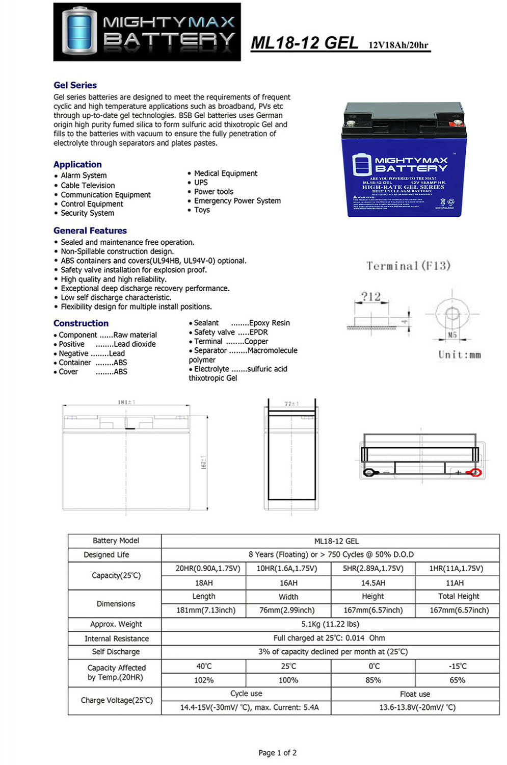 12V 18AH GEL Replacement Battery Y35410