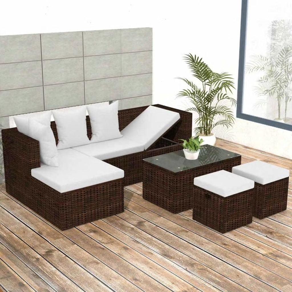 4 Piece Outdoor Conversation Set Cushioned Corner Sofa with Coffee Table and 2 Ottomans Brown Poly Rattan C72122