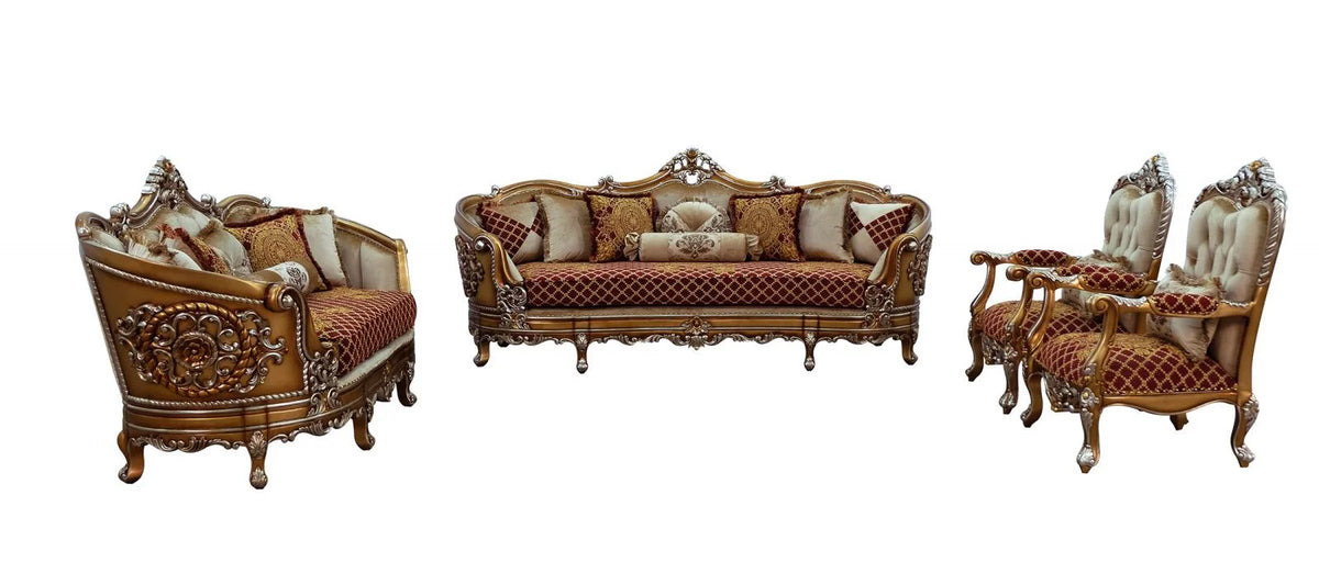 Red & Gold Wood Trim Sofa Set 4 F22370