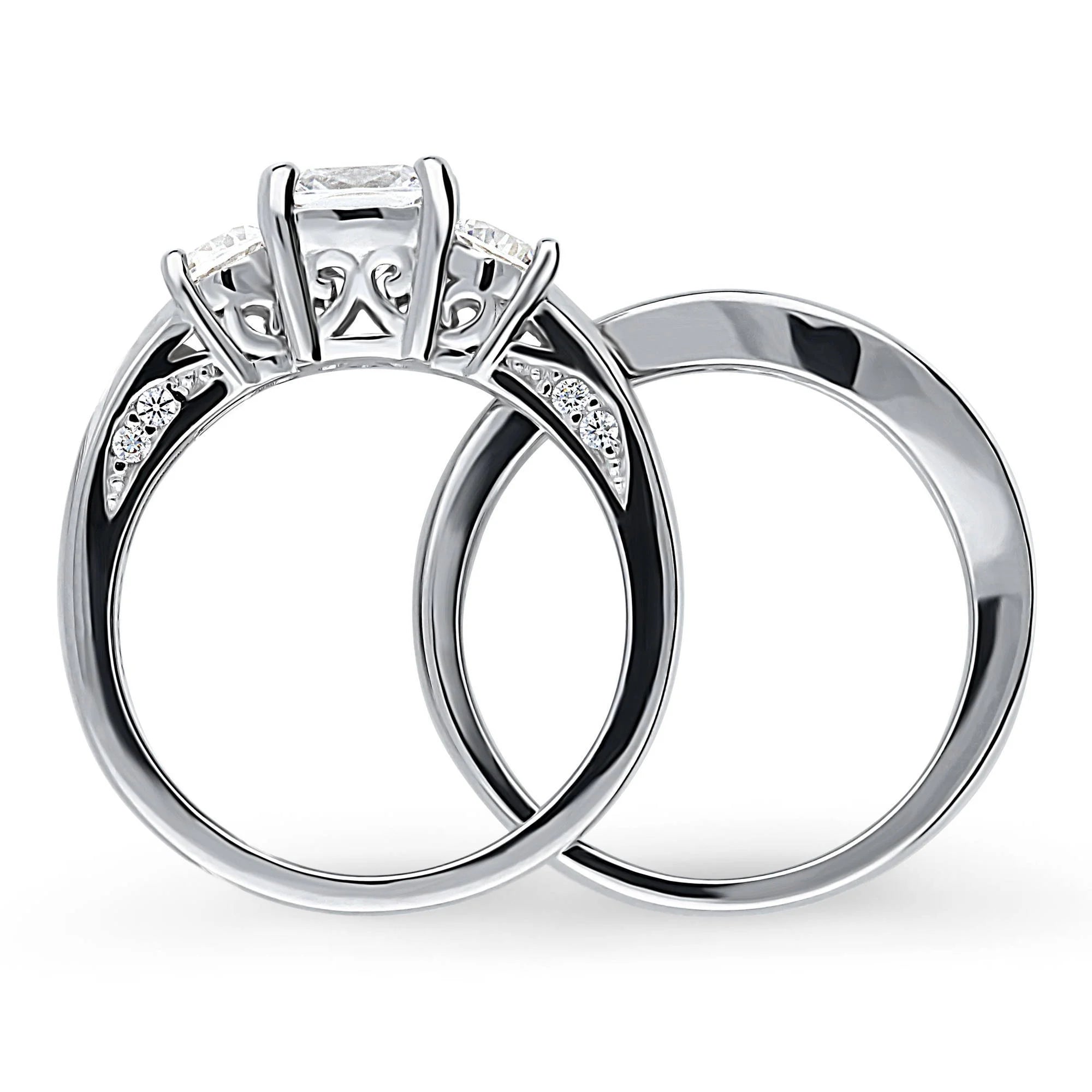 Sterling Silver Cushion Cut Cubic Zirconia Ring Set, Rhodium Plated Size 8.5 R7633