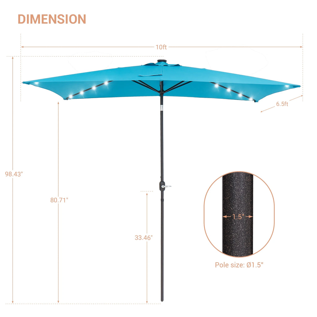 10 x 6.5ft LED Rectangle Outdoor Patio Umbrella with Polyester Canopy, Lake Blue W736