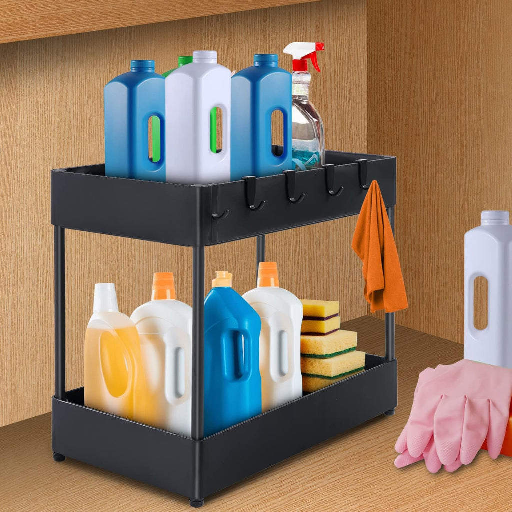 2 Tier Black Under Sink Storage Rack with 6 Hooks D713