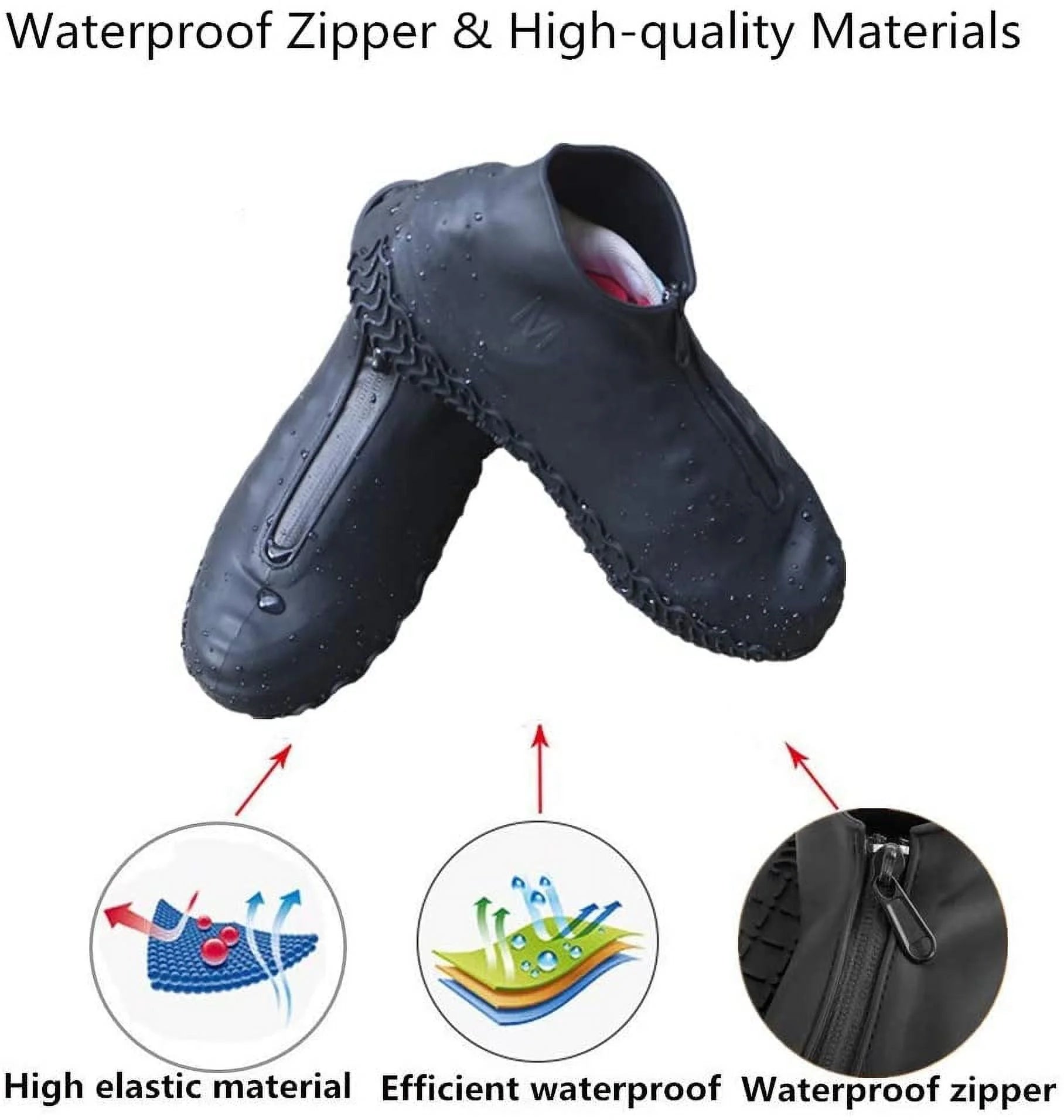 Black M Waterproof Reusable Rain Shoe Covers with Zipper R33410