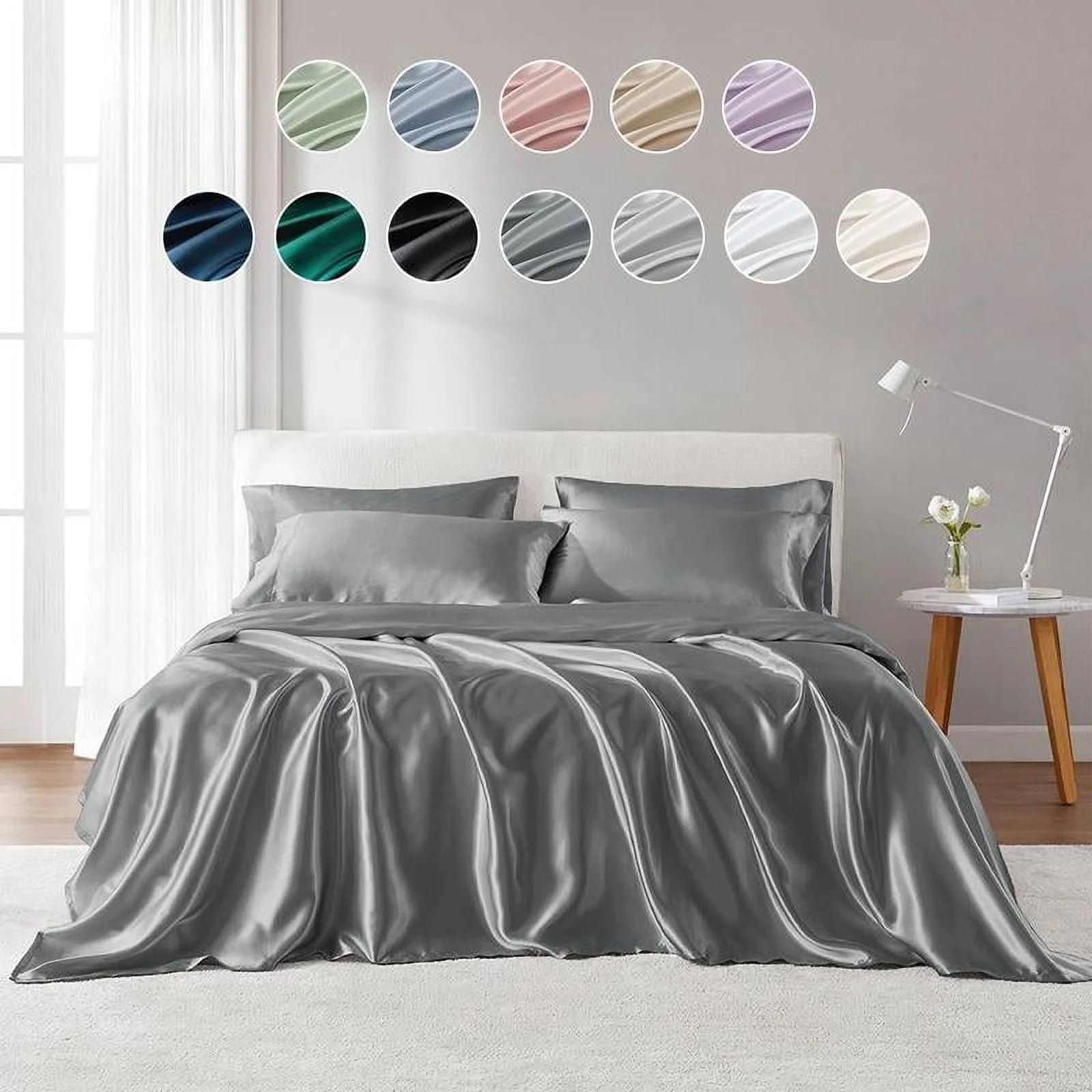6 Piece Satin Sheet Set with Flat Sheet, Fitted Sheet, 4 Pillowcases T373