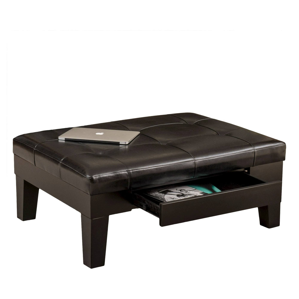 Black Leather Storage Ottoman V189794