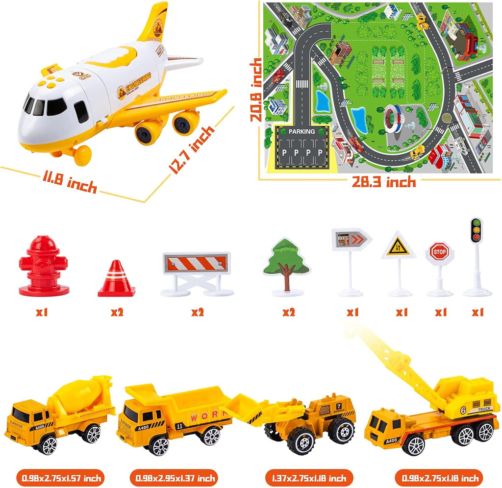 Toddler Airplane Toys with Lights and Sounds, Transport Cargo Airplane with 4 Construction Cars A54227