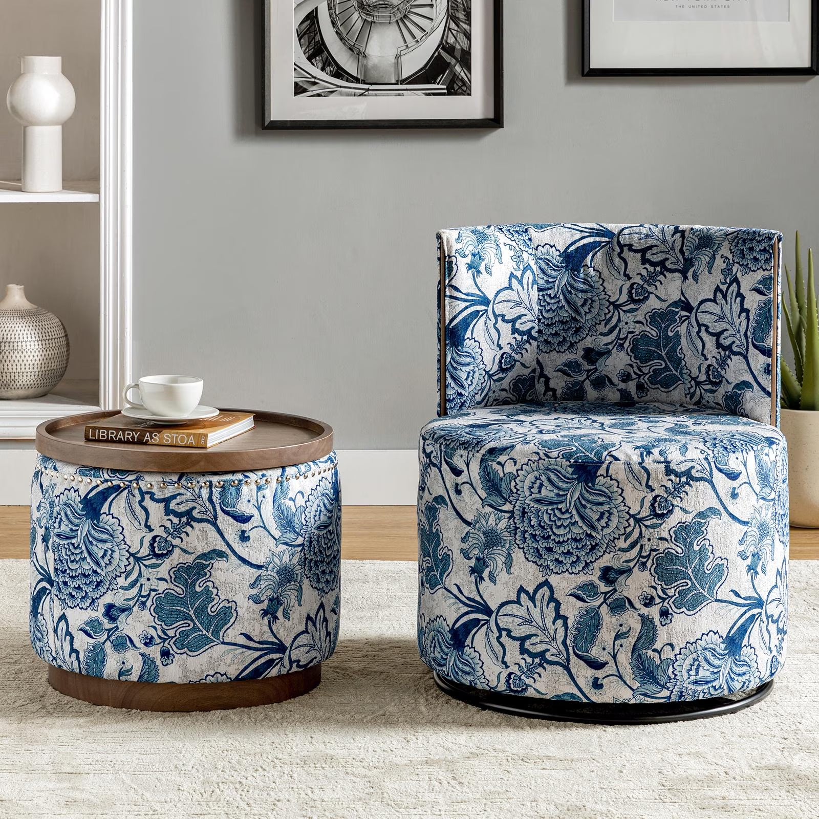 Navy Swivel Barrel Chair with Coffee Table Ottoman V65469