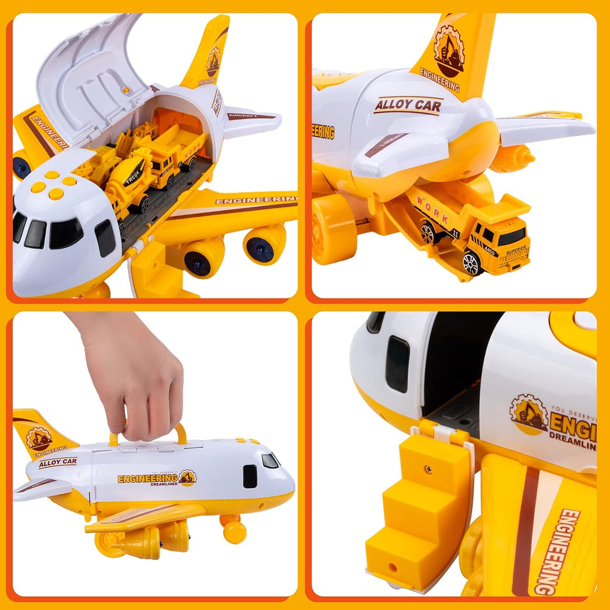 Toddler Airplane Toys with Lights and Sounds, Transport Cargo Airplane with 4 Construction Cars A54227