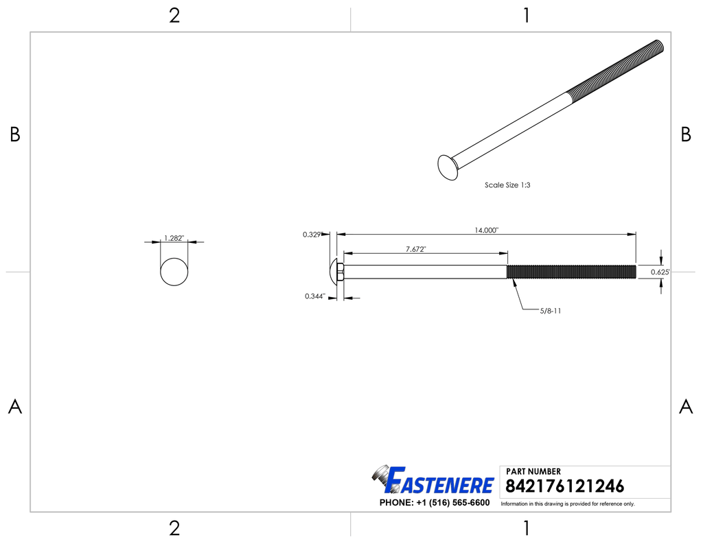 5/8-11 x 14x22 Partially Threaded Stainless Steel 18-8 Carriage Bolts Qty 5 V1351