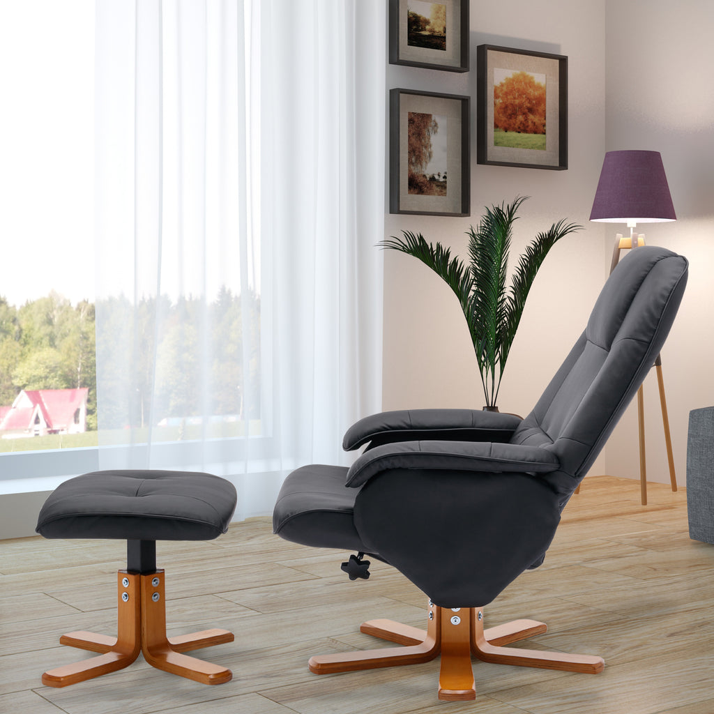 Beige Faux Leather Swivel Recliner Chair with Ottoman and Wood Base L295