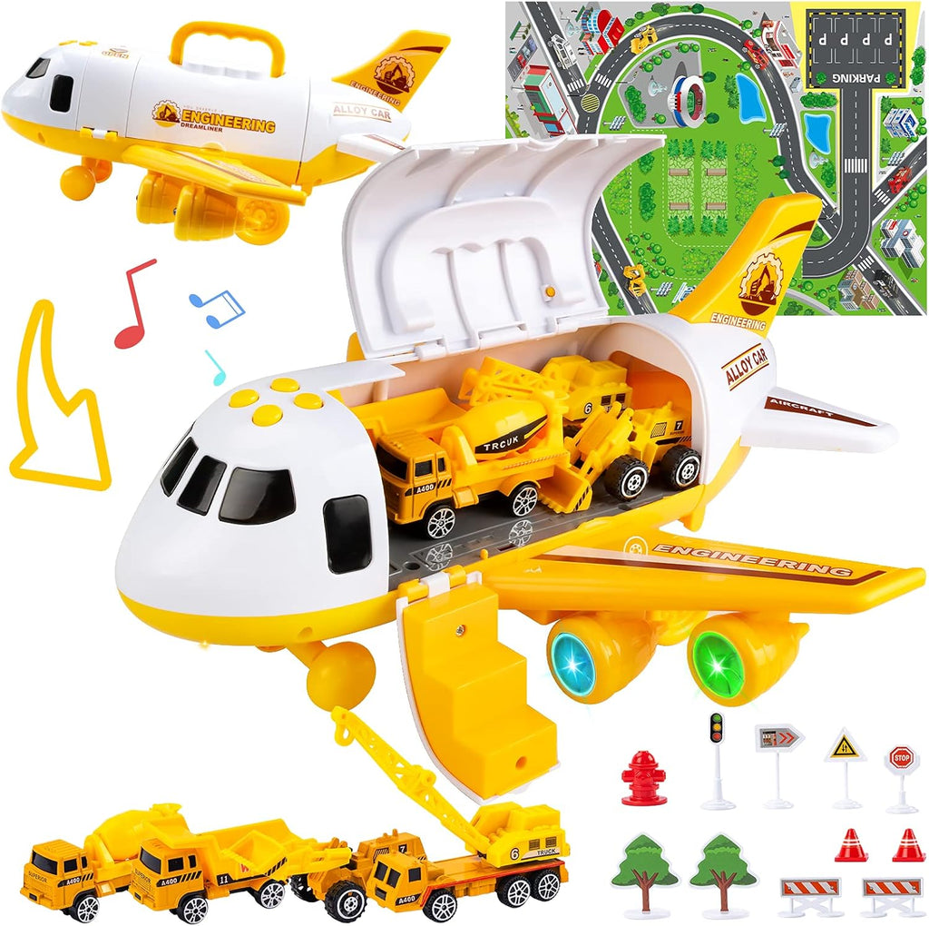 Toddler Airplane Toys with Lights and Sounds, Transport Cargo Airplane with 4 Construction Cars A54227