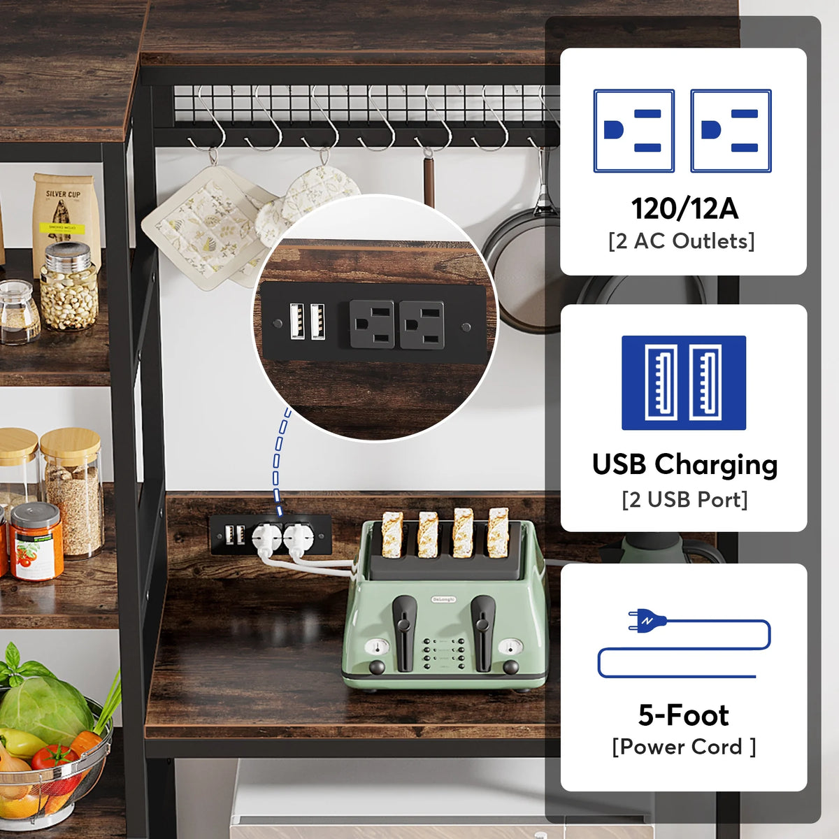 8-Tier Kitchen Baker's Rack with Power Outlets, Microwave Oven Stand with 8 S-Shaped Hooks L2645