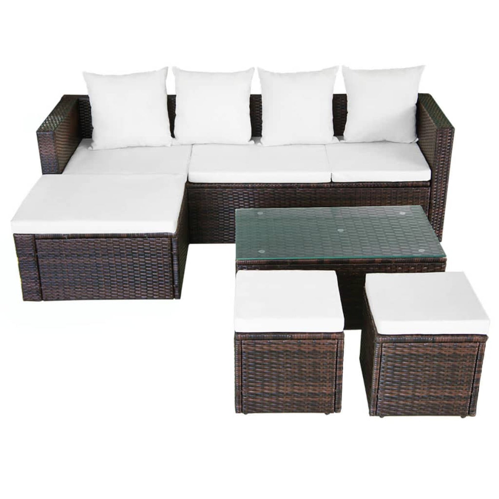 4 Piece Outdoor Conversation Set Cushioned Corner Sofa with Coffee Table and 2 Ottomans Brown Poly Rattan C72122