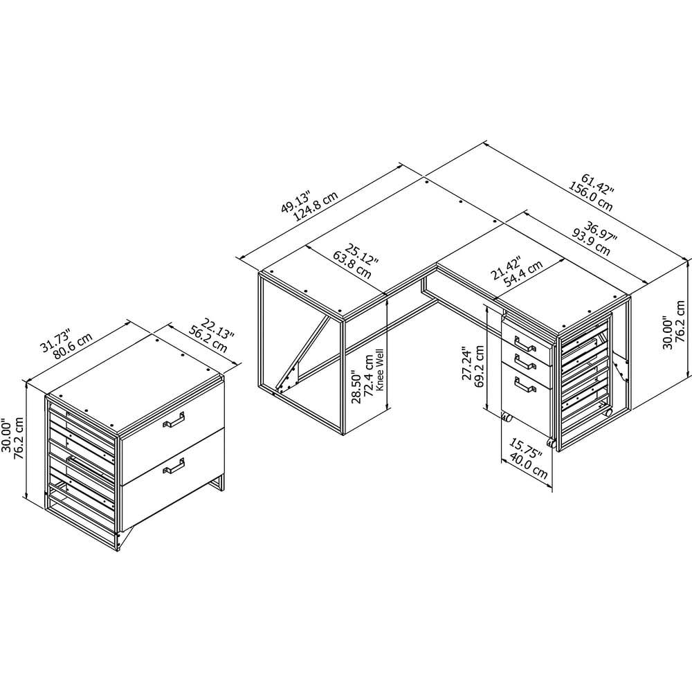 White L Shaped Industrial Desk with File Cabinets K363